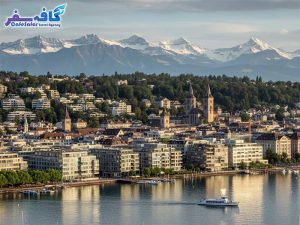 تصویری از کوهستانهای آلپ و نمای شهر مدرن در سوئیس، مناسب برای مقاله مهاجرت کاری به سوئیس
