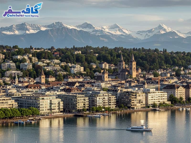 تصویری از کوهستان‌های آلپ و نمای شهر مدرن در سوئیس، مناسب برای مقاله مهاجرت کاری به سوئیس