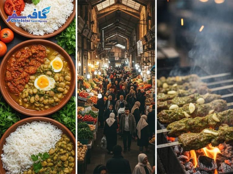 تصویری از غذاهای محلی گیلان (مانند باقالی قاتوق یا میرزاقاسمی) و بازار محلی رشت، مناسب برای مقاله شکم‌گردی