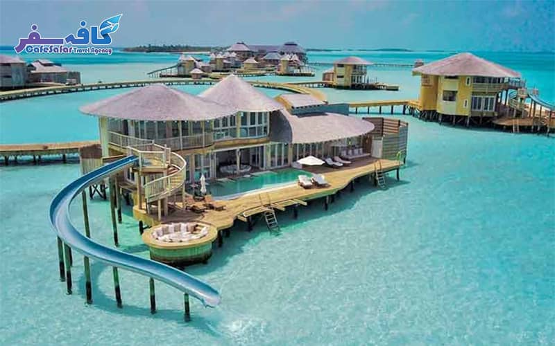 تصویری از کلبه‌های روی آب (Overwater Bungalows) و آب‌های فیروزه‌ای مالدیو، مناسب برای پکیج‌های تور مالدیو