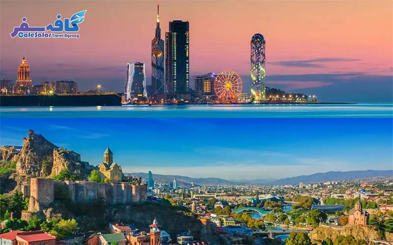 پوستر تبلیغاتی تور ترکیبی تفلیس و باتومی لحظه آخری، نمای مجسمه علی و نینو و بافت تاریخی تفلیس، ویژه رزرو پکیج‌های گرجستان در کافه سفر پاز