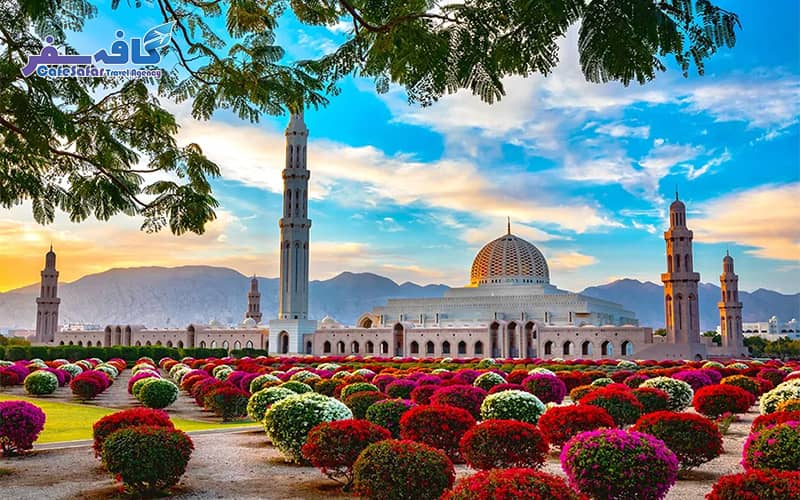 پوستر تبلیغاتی تور عمان لحظه آخری، نمای مسجد جامع سلطان قابوس و سواحل مسقط، ویژه رزرو پکیج‌های لوکس زمستانی در کافه سفر پاز