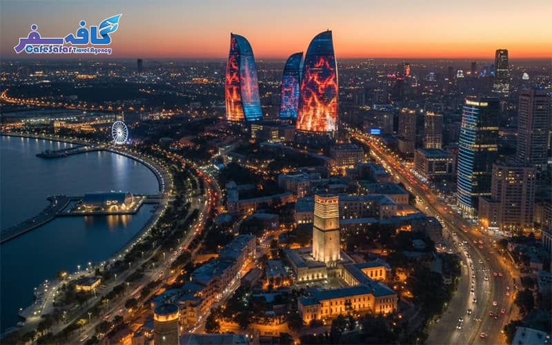 نمای پانوراما از شهر باکو، برج‌های شعله و نوار ساحلی دریای خزر مناسب برای تورهای لحظه آخری آذربایجان