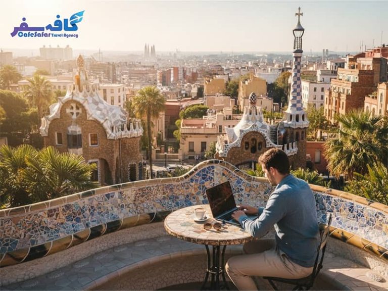 پوستر راهنمای دریافت ویزای دیجیتال نومد اسپانیا ویژه فریلنسرها و متخصصان دورکار، طراحی شده در پلتفرم کافه سفر پاز