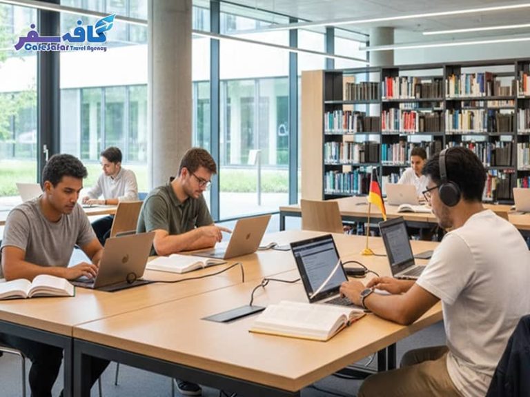 پوستر راهنمای مهاجرت تحصیلی به آلمان شامل مراحل اخذ پذیرش دانشگاهی و ویزای کاریابی بعد از تحصیل، ویژه دانشجویان مستعد در سایت کافه سفر پاز