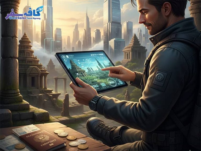اینفوگرافیک عمودی از استراتژی‌های سفر اقتصادی ۲۰۲۶ شامل ابزارهای دیجیتال و لوازم ضروری سفر
