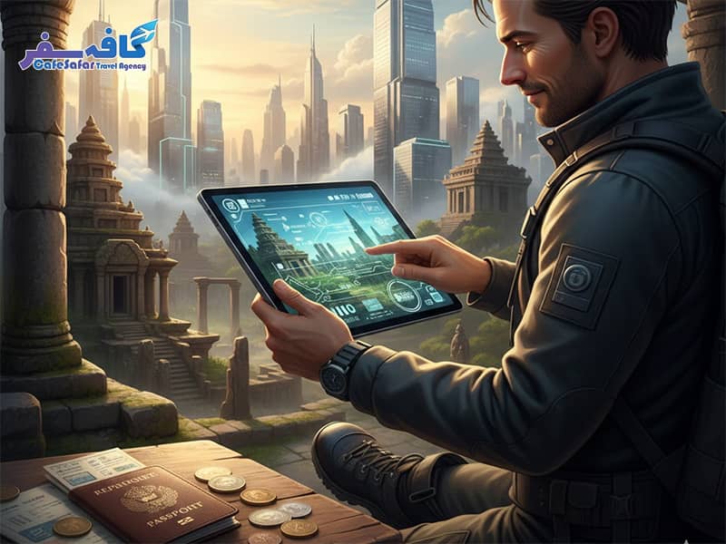 اینفوگرافیک عمودی از استراتژی‌های سفر اقتصادی ۲۰۲۶ شامل ابزارهای دیجیتال و لوازم ضروری سفر